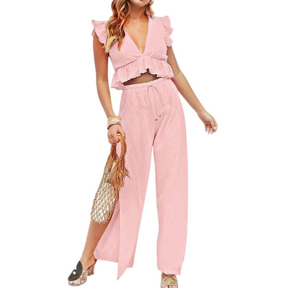 Fancyinn Pants - Fancyinn 2-Piece Summer Set | Pink Ruffle Crop Top & Side Slit Wide Leg Pants-M